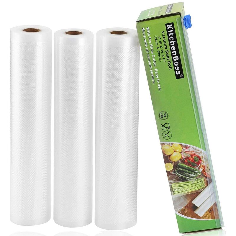 foto del prodotto kitchenboss sacchetti sottovuoto per alimenti,3 rotoli 28x500cm totale15m, non pi forbici rotoli sacchetti goffrati,per conservazione alimenti e