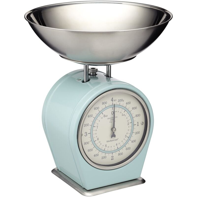 foto del prodotto kitchencraft living nostalgia bilancia da cucina meccanica con ciotola in confezione regalo, bilancia in ghisa con supporto in legno d acacia, blu