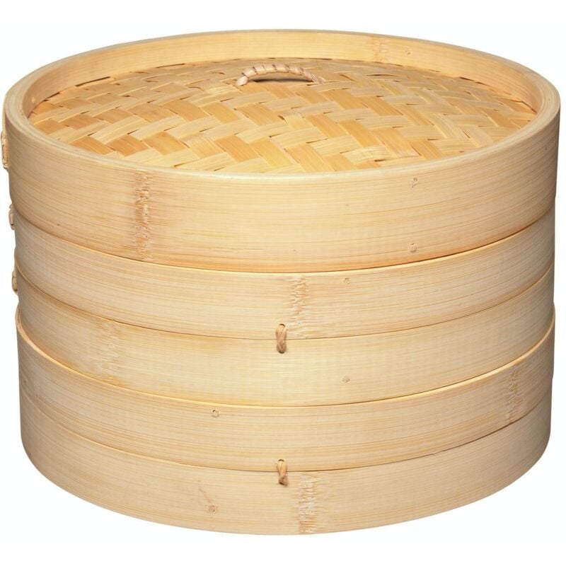 foto del prodotto kitchencraft world of flavours cestello per cottura a vapore in bambù da 25 cm, a 2 livelli, ideale per dim sum, verdure, bao buns, carne e pesce, beige