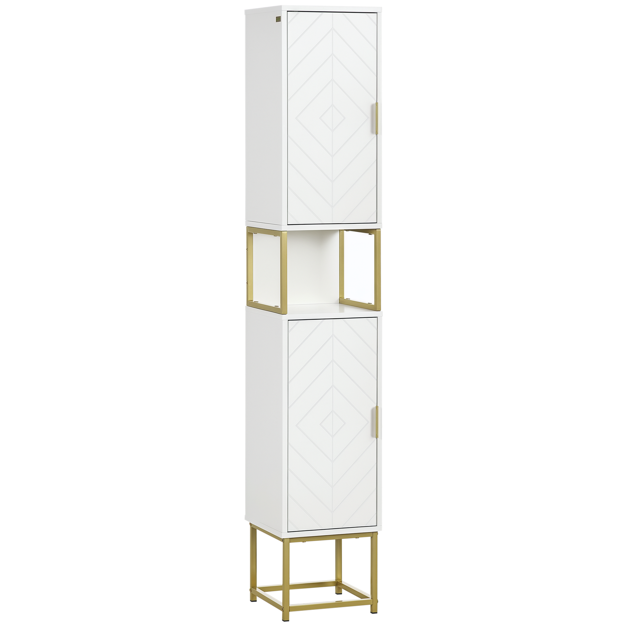 foto del prodotto kleankin colonna bagno con 2 armadietti e ripiano in mdf e acciaio, 30x30x170.7cm, bianco e oro aosom