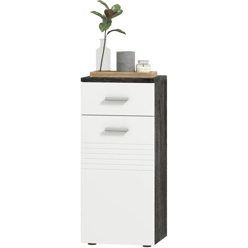 foto del prodotto kleankin mobile bagno in legno armadietto con mensole e cassetto bianco e nero