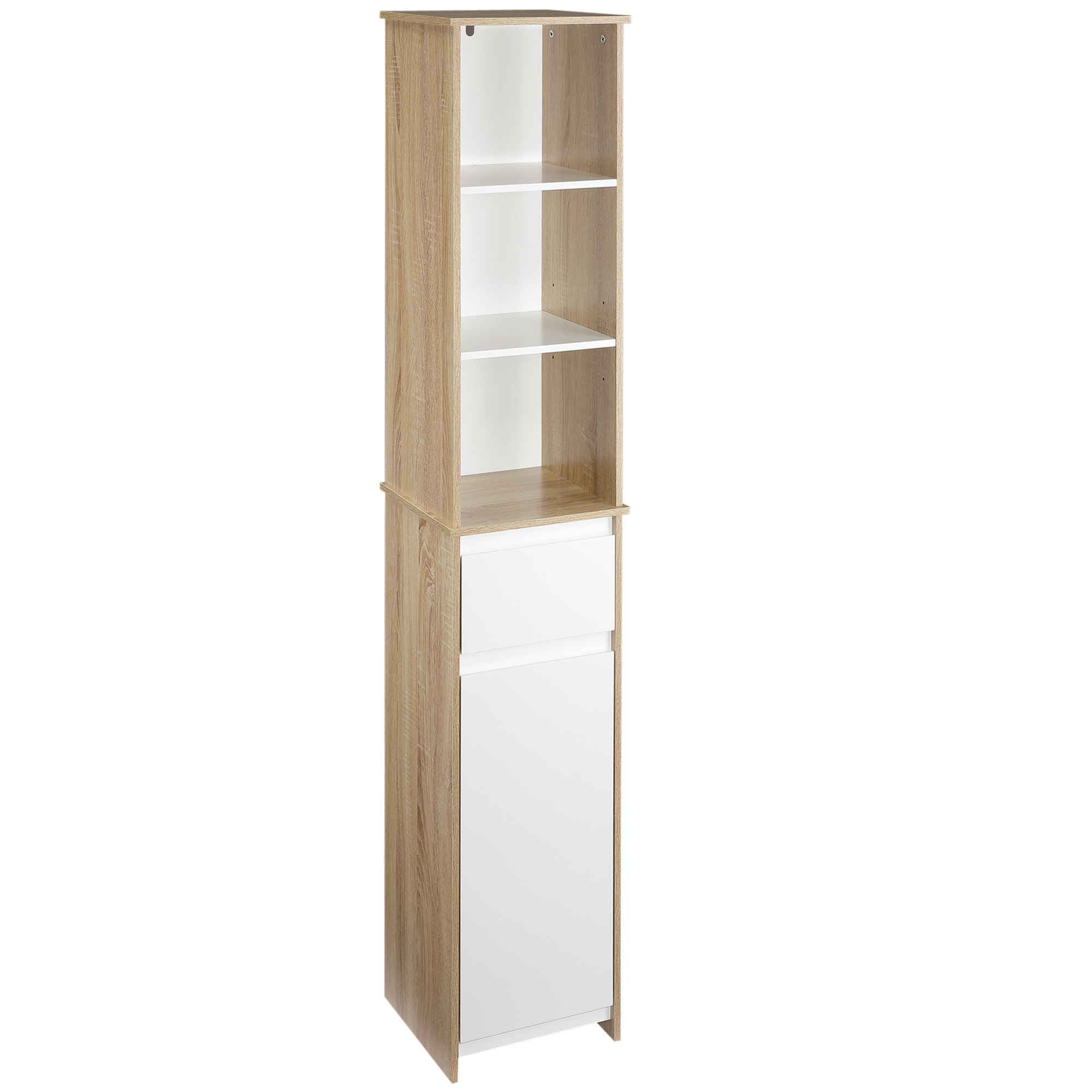 foto del prodotto kleankin mobile colonna bagno con armadietto, cassetto e 3 ripiani aperti, in legno, 32.6x30x171.2cm, bianco aosom