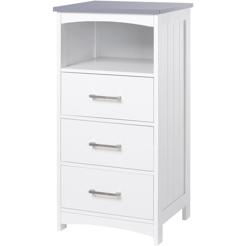 foto del prodotto kleankin mobiletto bagno con 3 cassetti e ripiano aperto in mdf bianco
