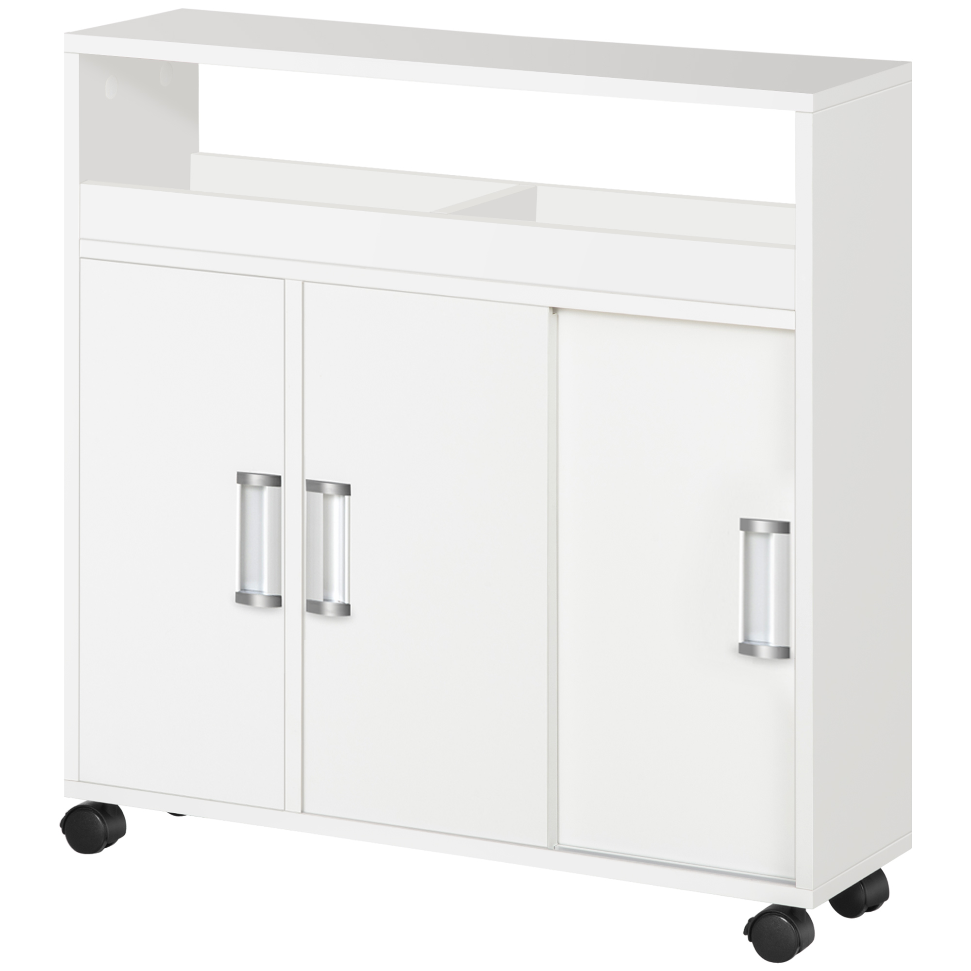foto del prodotto kleankin mobiletto bagno con porte scorrevoli, ripiano regolabile e 4 ruote in truciolato e lega di alluminio, 70x20x71cm, bianco aosom