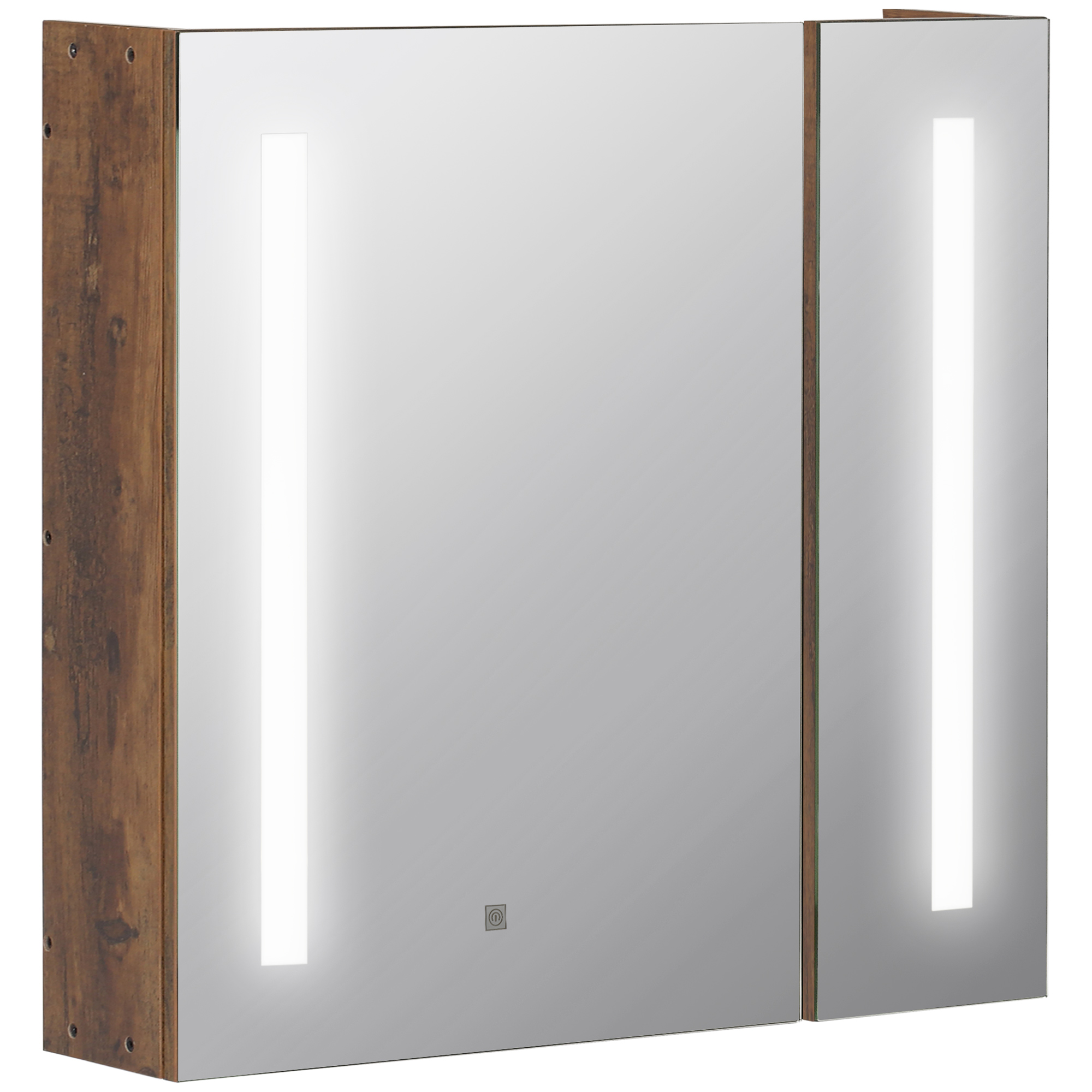 foto del prodotto kleankin mobiletto bagno con specchio e luci led regolabili, 2 ante e mensola regolabile, design a parete, 70x15x65cm, marrone aosom italy