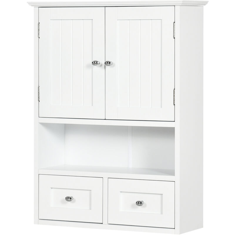 foto del prodotto kleankin mobiletto pensile bagno 2 ante con ripiano aperto e 2 cassetti bianco