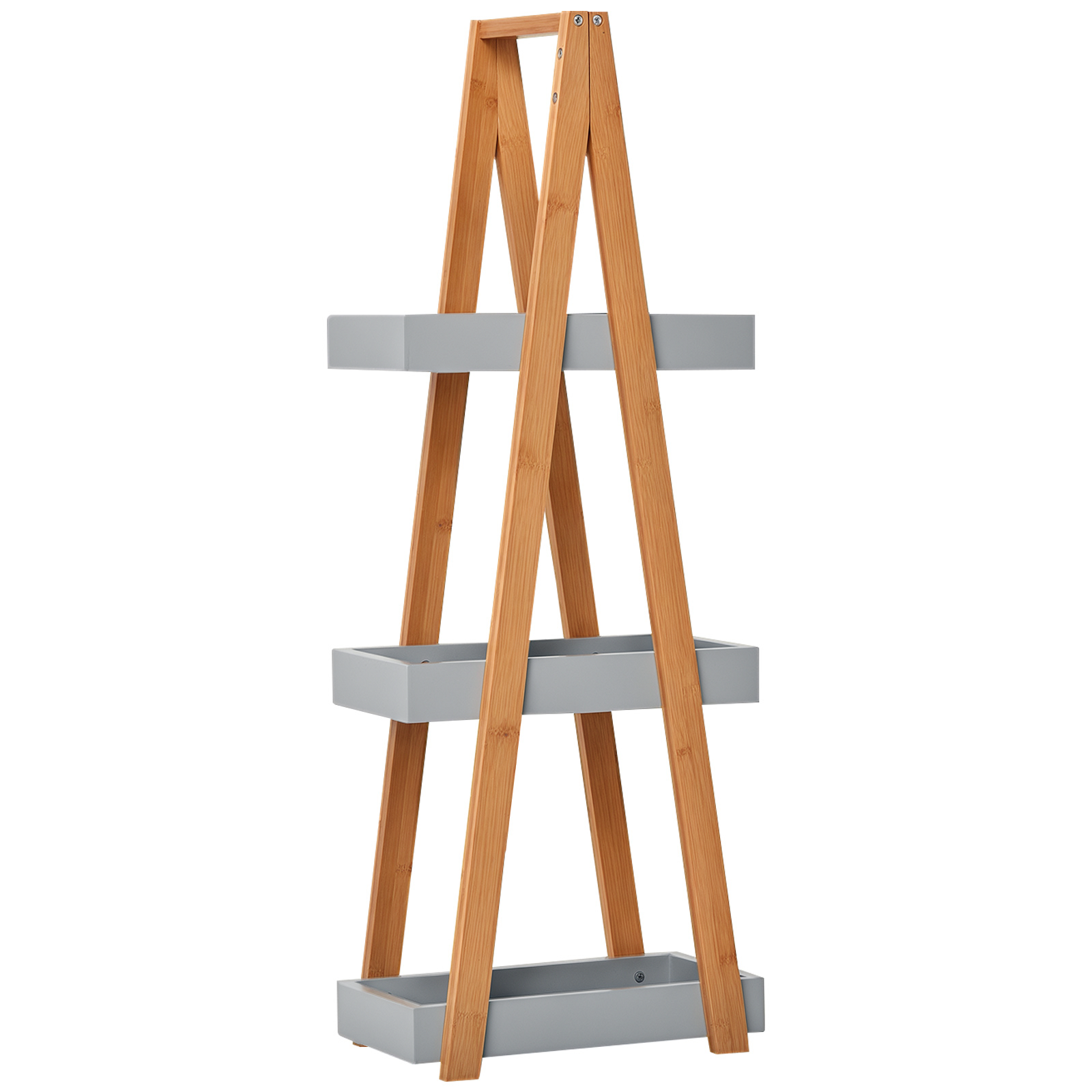 foto del prodotto kleankin scaffale bagno salvaspazio in mdf e bambù, forma a piramide con 3 mensole,design minimalista ed essenziale, grigio, 30x18x81cm aosom italy