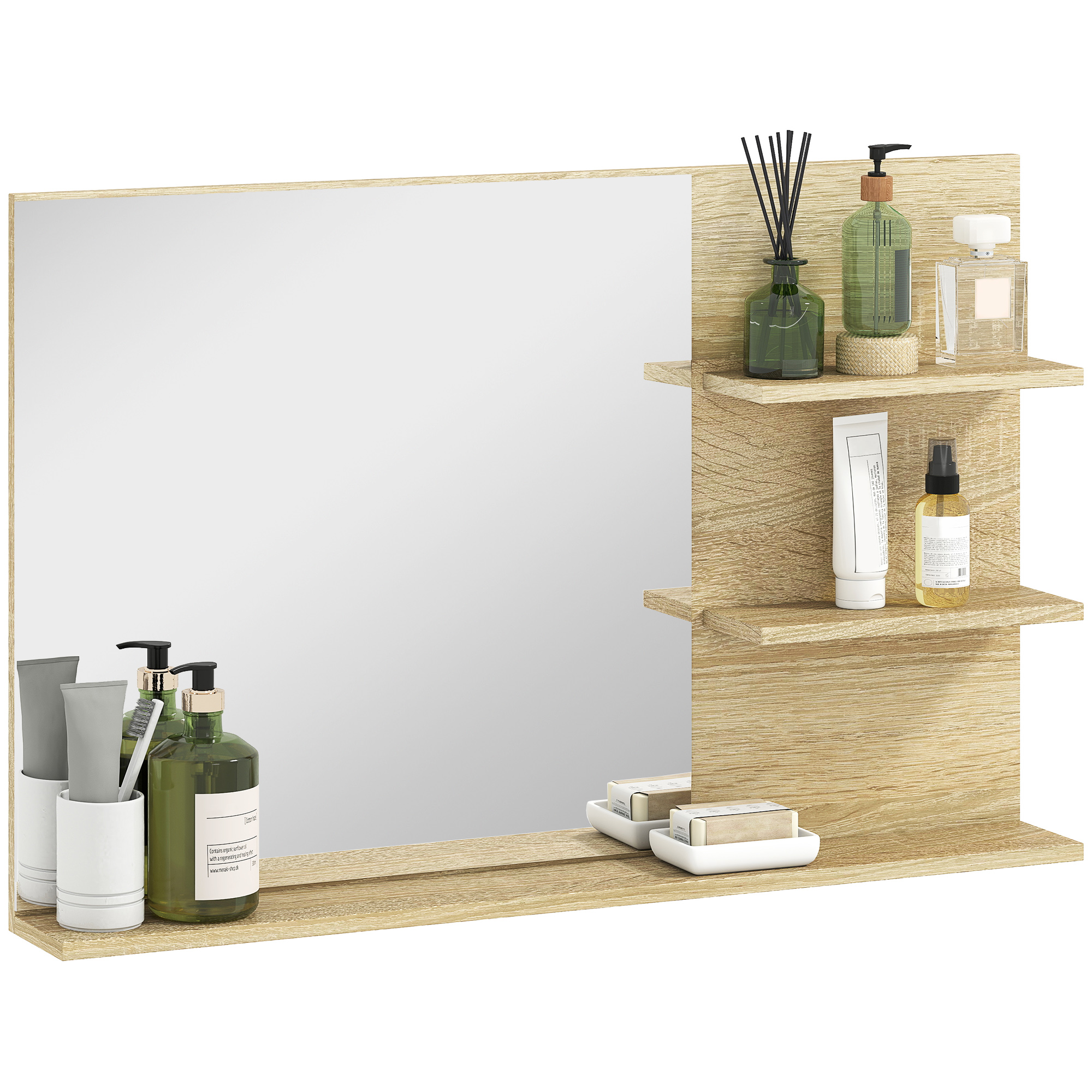 foto del prodotto kleankin specchio bagno moderno con 2 ripiani laterali e ripiano inferiore, in legno e vetro, 75x10x48 cm, color legno aosom italy