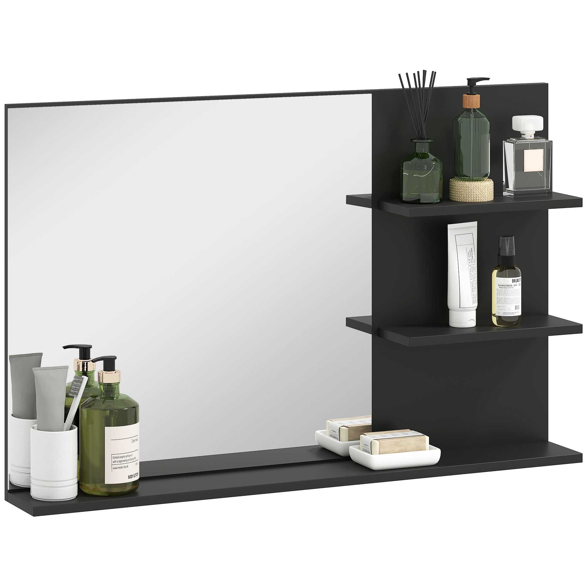 foto del prodotto kleankin specchio bagno moderno con 2 ripiani laterali e ripiano inferiore, in legno e vetro, 75x10x48 cm, nero aosom italy