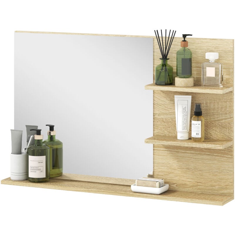 foto del prodotto kleankin specchio moderno con 2 ripiani laterali e ripiano inferiore legno