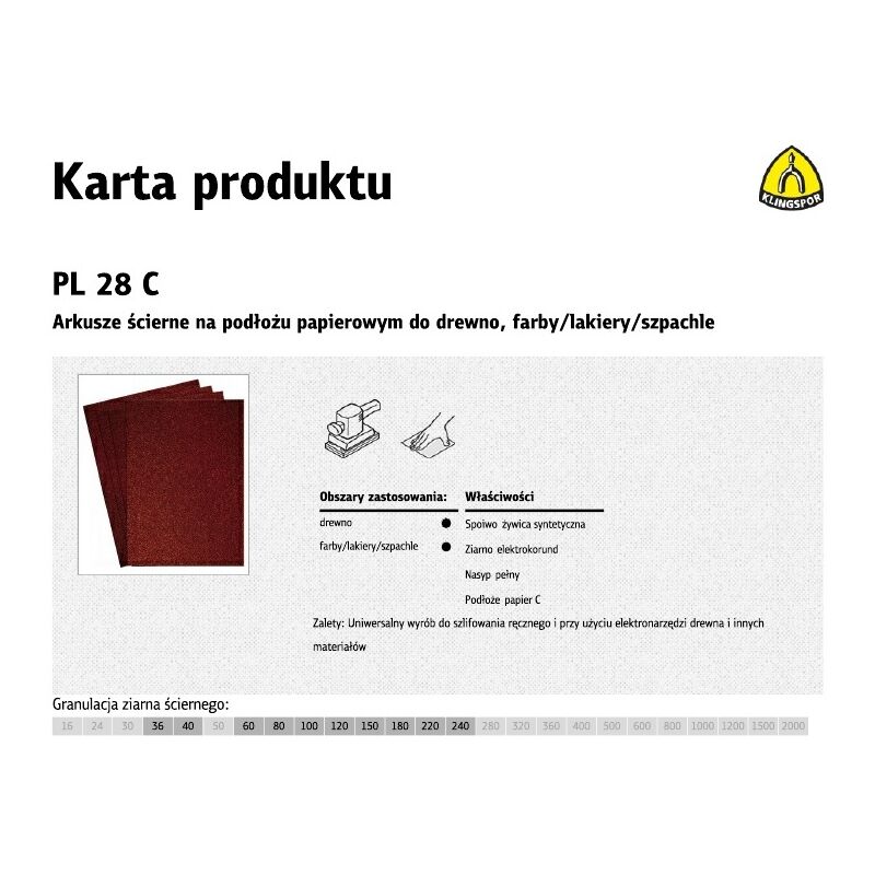 foto del prodotto klingspor arkusze cierne na pod o u papierowym 230mm x 280mm pl28c gr. 40 50szt.