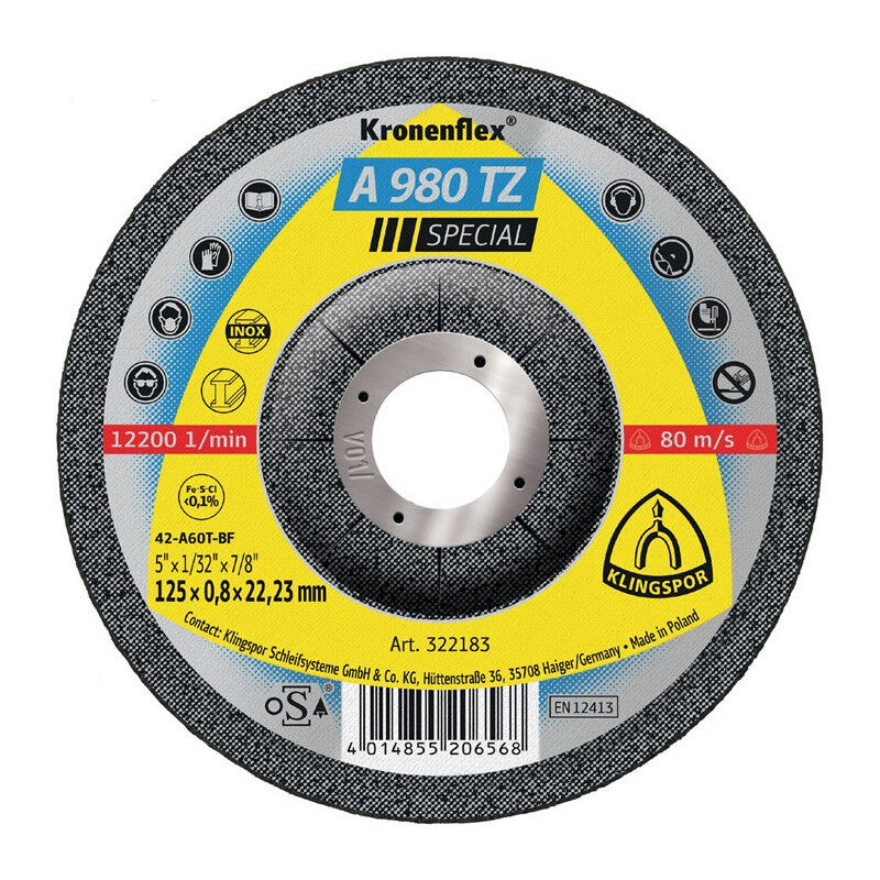 foto del prodotto klingspor disco da taglio a 980 tz special d125x0,8mm foro inox curvo.22,23mm per 25 