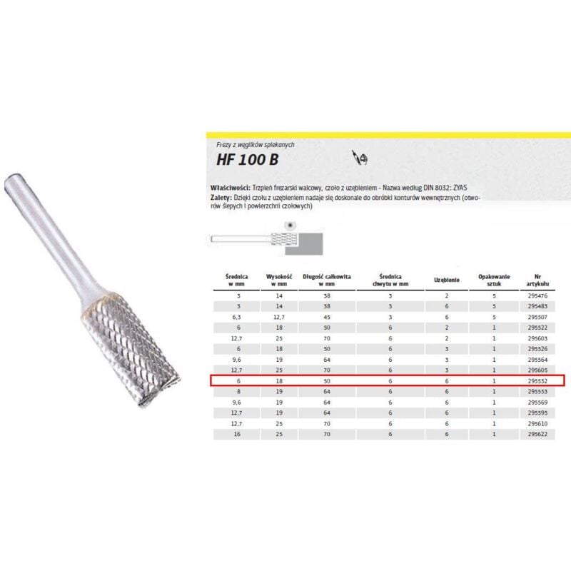 foto del prodotto klingspor frez do metalu hf 100 b fi 6,0x18mm trzpie 6mm typ zyas, walcowy