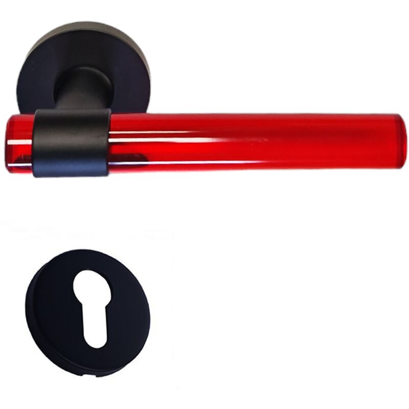 foto del prodotto klose besser maniglie delle porte in cristallo di plexiglas rosso joy su gambe in acciaio inox nero. 1 coppia di rose cilindriche