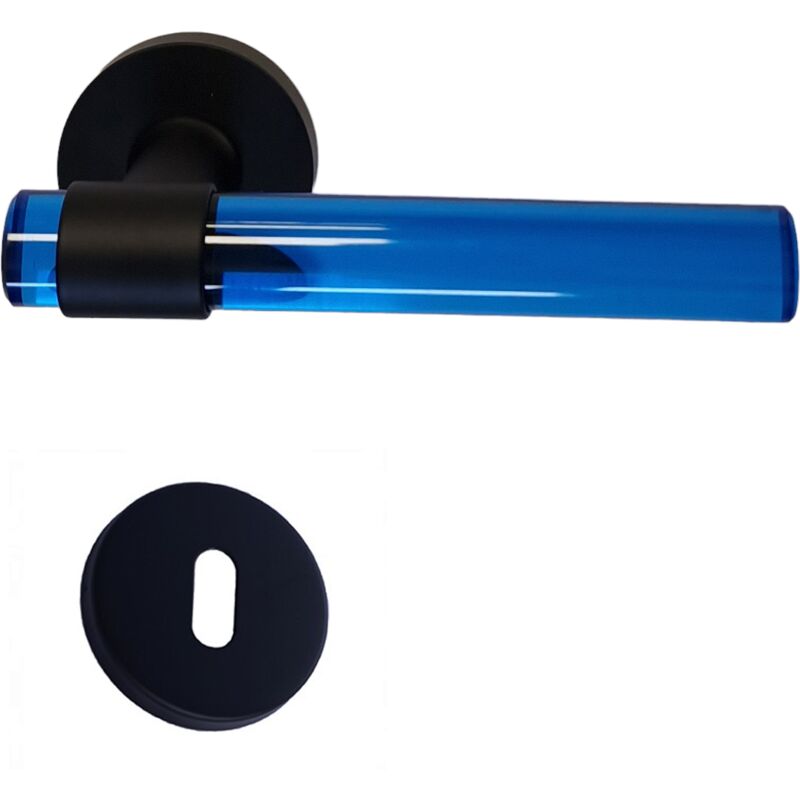 foto del prodotto klose besser maniglie per porte in cristallo di plexiglass blu joy con gambe in acciaio inox nero. 1 coppia di rose con foro per la chiave