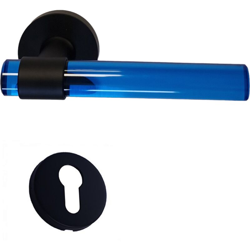 foto del prodotto klose besser maniglie per porte in cristallo di plexiglass blu joy con gambe in acciaio inox nero. 2 rose a cilindro