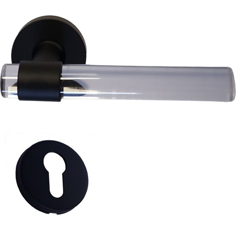 foto del prodotto klose besser maniglie per porte joy incolore plexiglass cristallo nero base in acciaio inox 1 coppia di rose cilindriche