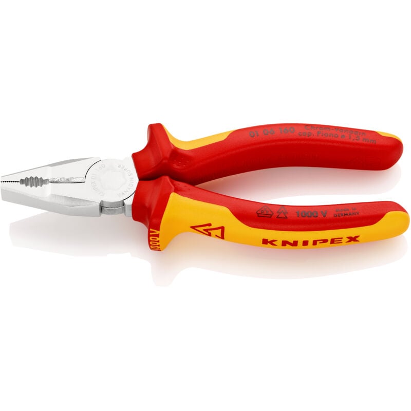 foto del prodotto knipex 01 06 160 pinza universale cromo vanadio isolati con manici rivestiti in materiale bicomponente, collaudati vde cromata 160 mm