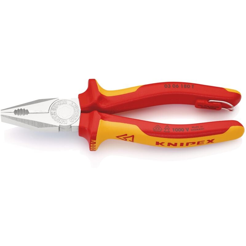 foto del prodotto knipex 03 06 180 t pinza universale isolante con manici rivestiti in materiali multicomponenti, collaudati vde con anello di fissaggio isolante