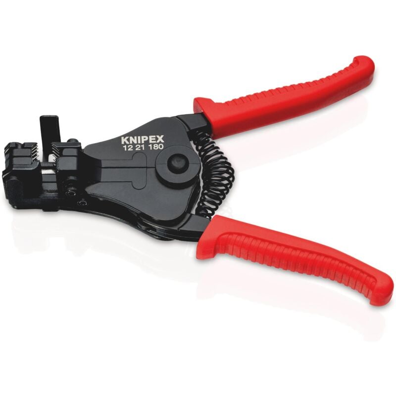 foto del prodotto knipex 12 21 180 sb pinza spelacavi con lame sagomate rivestiti in resina sintetica verniciata nera 180 mm confezione self service blister 