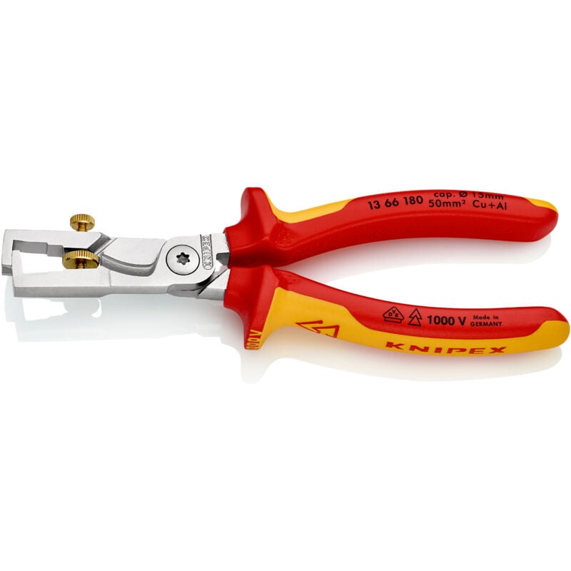 foto del prodotto knipex 13 66 180 strix pinze spelacavi con cesoia per cavo isolati con manici rivestiti in materiale bicomponente, collaudati vde cromata 180 mm