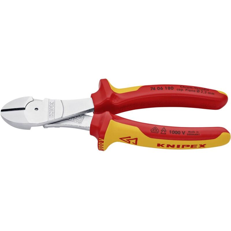 foto del prodotto knipex 74 06 180 tronchese laterale per meccanica tipo forte isolati con manici rivestiti in materiale bicomponente, collaudati vde cromata 180 mm