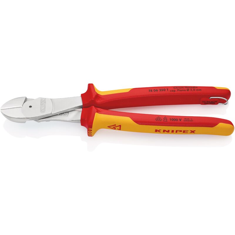 foto del prodotto knipex 74 06 250 t tronchese laterale per meccanica tipo forte isolante con manici rivestiti in materiali multicomponenti, collaudati vde con