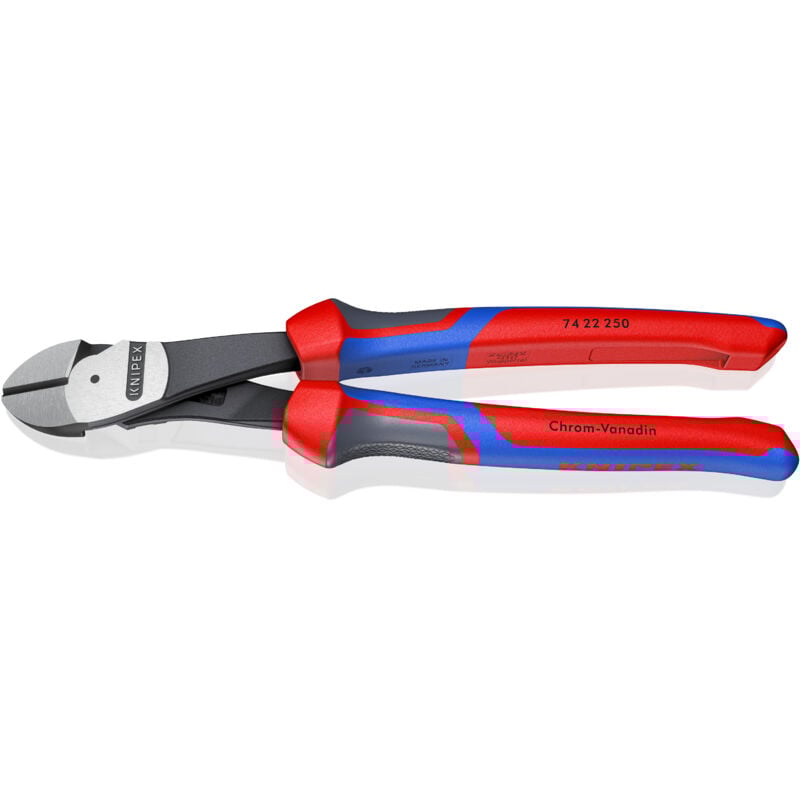 foto del prodotto knipex 74 22 250 tronchese laterale per meccanica tipo forte con manici multicomponente atramentata nera 250 mm