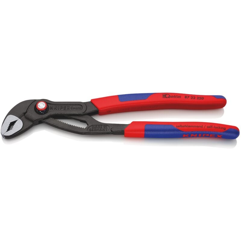 foto del prodotto knipex 87 22 250 cobra quickset pinza regolabile di nuova generazione per tubi e dadi rivestiti in materiale bicomponente, forma affusolata