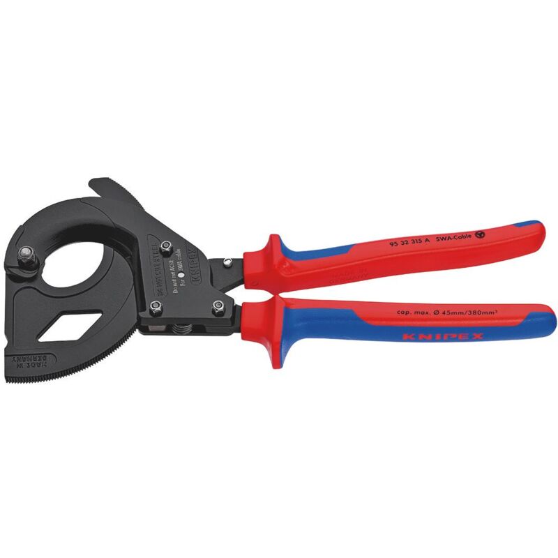 foto del prodotto knipex 95 32 315 a cesoia a cremagliera sistema a cricchetto per cavo a nastro d acciaio cavo swa rivestiti in materiale bicomponente