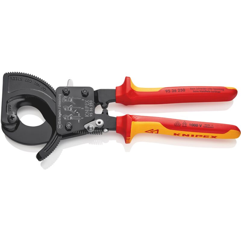 foto del prodotto knipex 95 36 250 cesoia a cremagliera sistema a cricchetto isolati con manici rivestiti in materiale bicomponente, collaudati vde verniciata nera