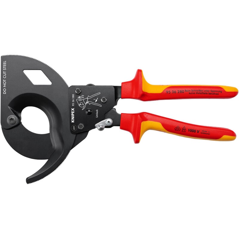 foto del prodotto knipex 95 36 280 cesoia a cremagliera sistema a cricchetto isolati con manici rivestiti in materiale bicomponente, collaudati vde verniciata nera