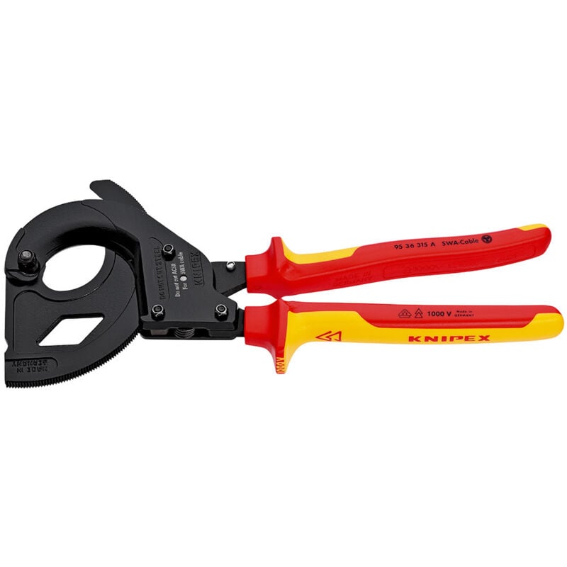 foto del prodotto knipex - 95 36 315 a cesoia a cremagliera (sistema a cricchetto) per cavo a nastro d'acciaio (cavo swa) isolati con manici rivestiti in materiale bicomponente, collaudati vde verniciata nera 315 mm