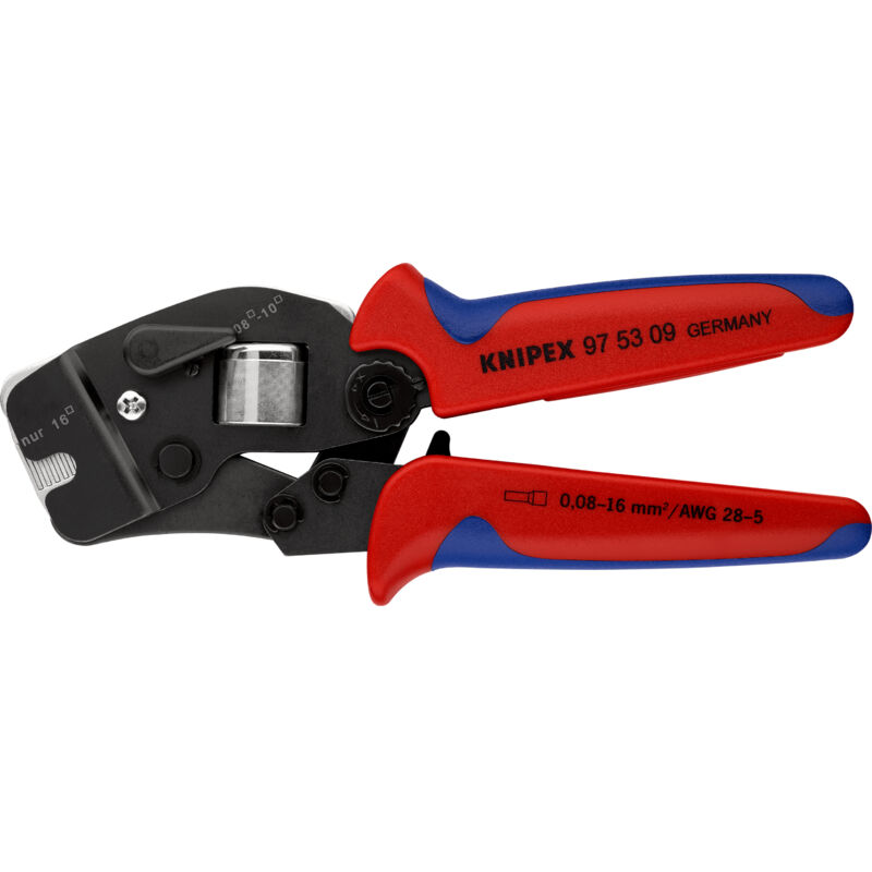 foto del prodotto knipex 97 53 09 sb pinza per terminali a bussola, con regolazione automatica per crimpaggio frontale con manici multicomponente brunita 190 mm