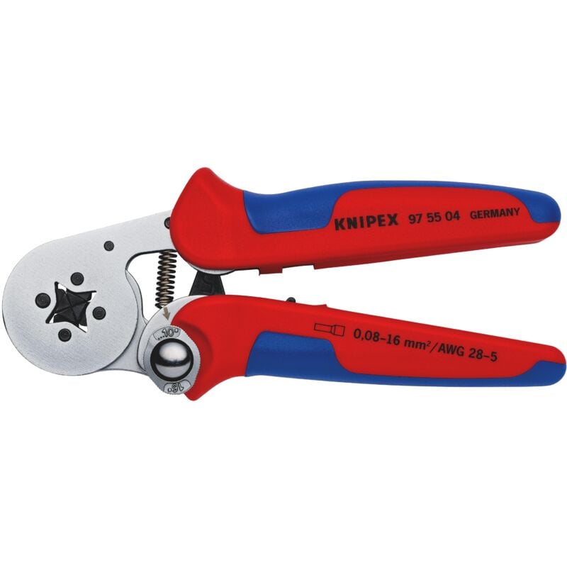 foto del prodotto knipex 97 55 04 sb pinza per terminali a bussola, con regolazione automatica per crimpaggio laterale rivestiti in materiale bicomponente cromata
