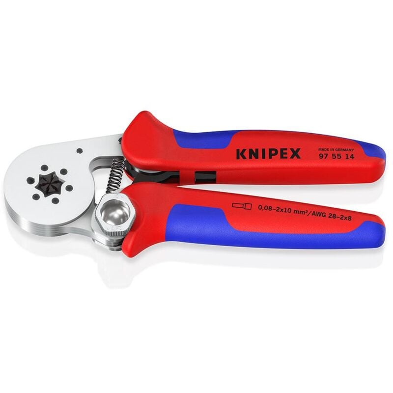 foto del prodotto knipex 97 55 14 sb pinza per terminali a bussola, con regolazione automatica per crimpaggio laterale con manici multicomponente cromata 180 mm