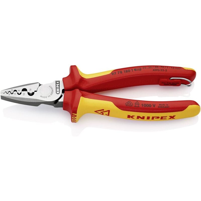 foto del prodotto knipex 97 78 180 t pinza per serrare terminali a bussola isolante con manici rivestiti in materiali multicomponenti, collaudati vde con anello di