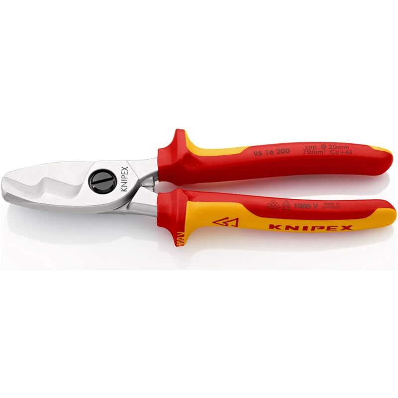 foto del prodotto knipex cesoia per cavi con doppio tagliente cromata, isolati con manici rivestiti in materiale bicomponente, collaudati vde 200 mm 95 16 200