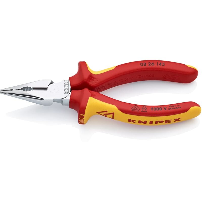 foto del prodotto knipex pinza universale con testa a punta cromata, isolati con manici rivestiti in materiale bicomponente, collaudati vde 145 mm confezione