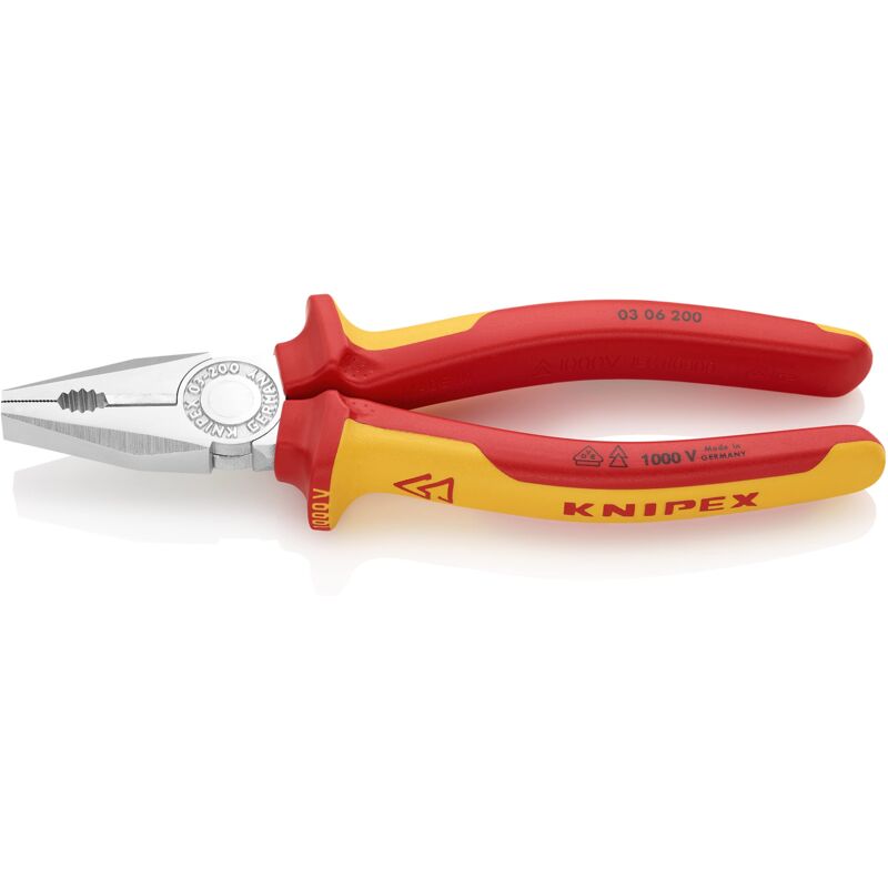 foto del prodotto knipex pinza universale cromata, isolati con manici rivestiti in materiale bicomponente, collaudati vde 200 mm confezione self service blister 03