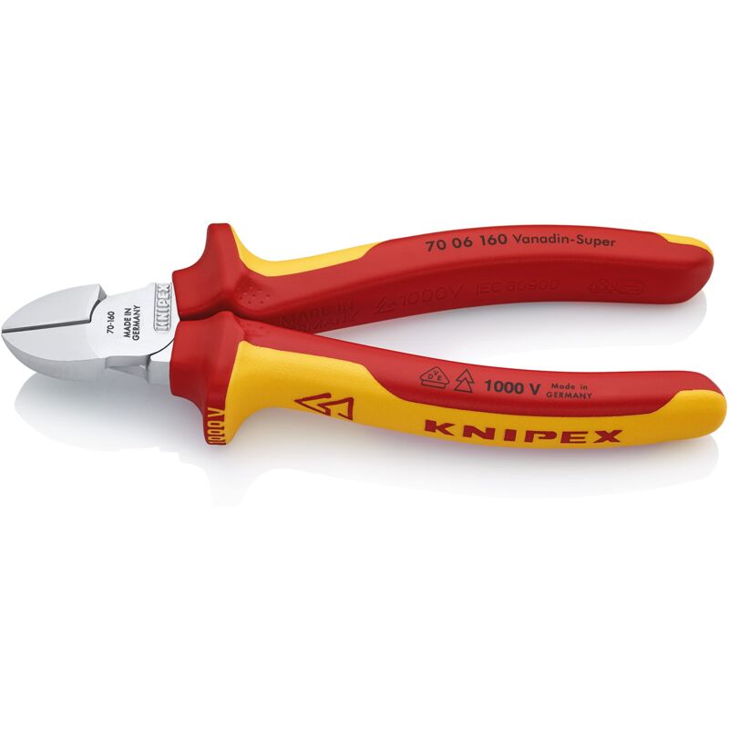 foto del prodotto knipex tronchese laterale per meccanica cromata, isolati con manici rivestiti in materiale bicomponente, collaudati vde 160 mm 70 06 160