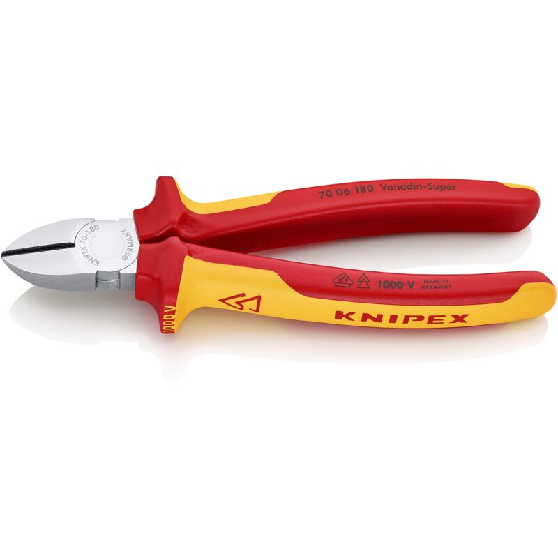 foto del prodotto knipex tronchese laterale per meccanica cromata, isolati con manici rivestiti in materiale bicomponente, collaudati vde 180 mm 70 06 180