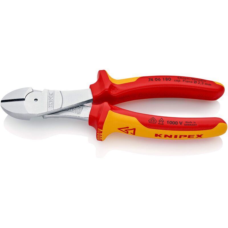 foto del prodotto knipex tronchese laterale per meccanica tipo forte cromata, isolati con manici rivestiti in materiale bicomponente, collaudati vde 180 mm