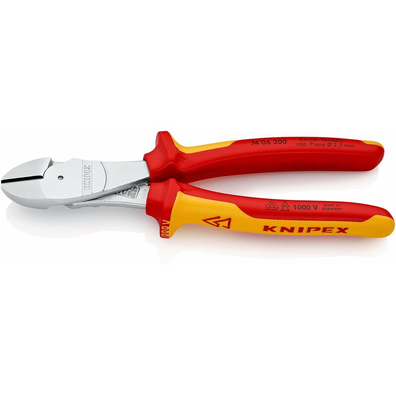foto del prodotto knipex tronchese laterale per meccanica tipo forte cromata, isolati con manici rivestiti in materiale bicomponente, collaudati vde 200 mm