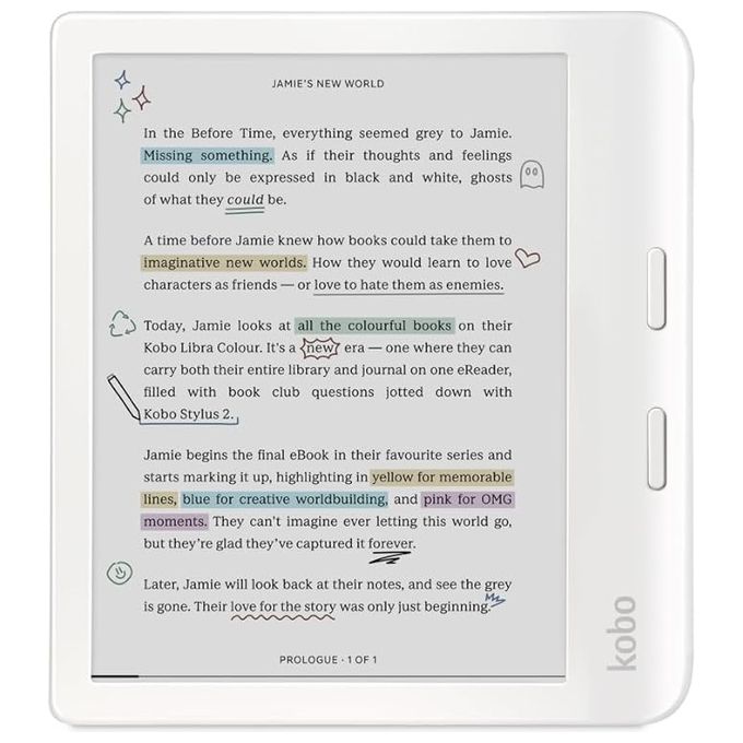 foto del prodotto kobo libra colour ereader display e ink kaleido3 7 antiriflesso modalita scura audiolibri impermeabile multiformato bianco