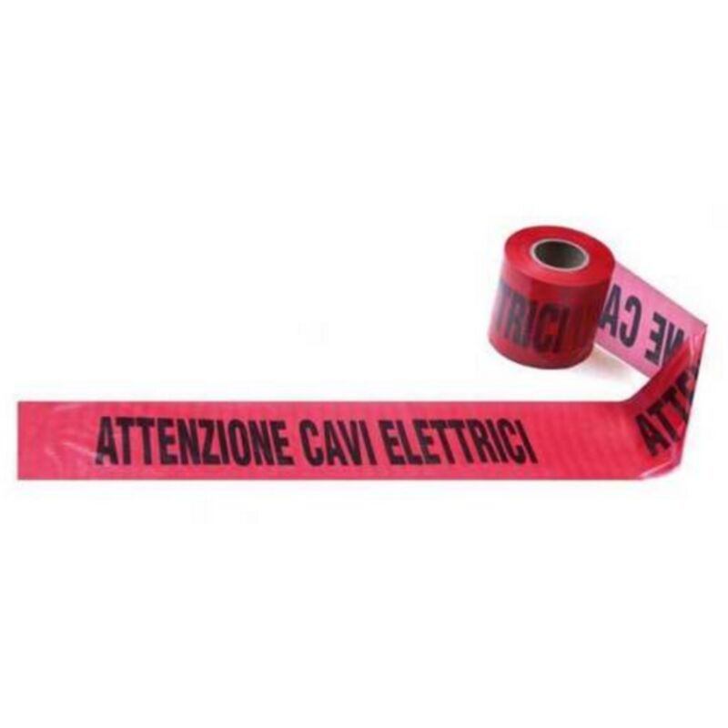 foto del prodotto koem rotolo nastro segnaletico rosso alta visibilita in polietilene cm 10x200 mt per segnalazione cavi elettrici per ediliza e lavori stradali