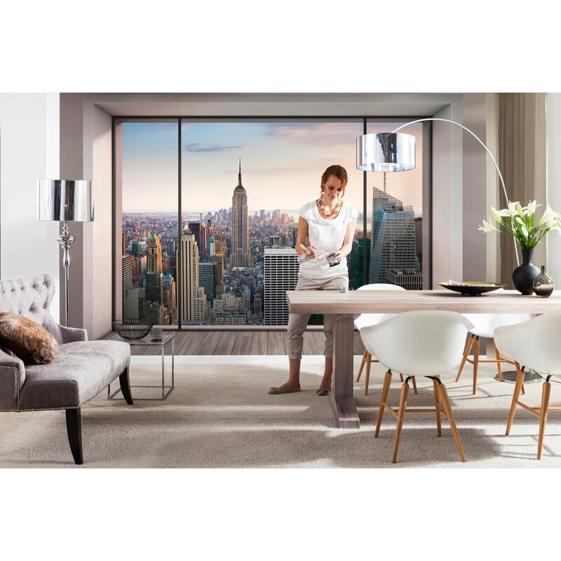 foto del prodotto komar carta da parati con panorama di new york da attico con tecnica trompe l oeil, modello 8 916, 368 x 254 cm, pastello, confezione da 8