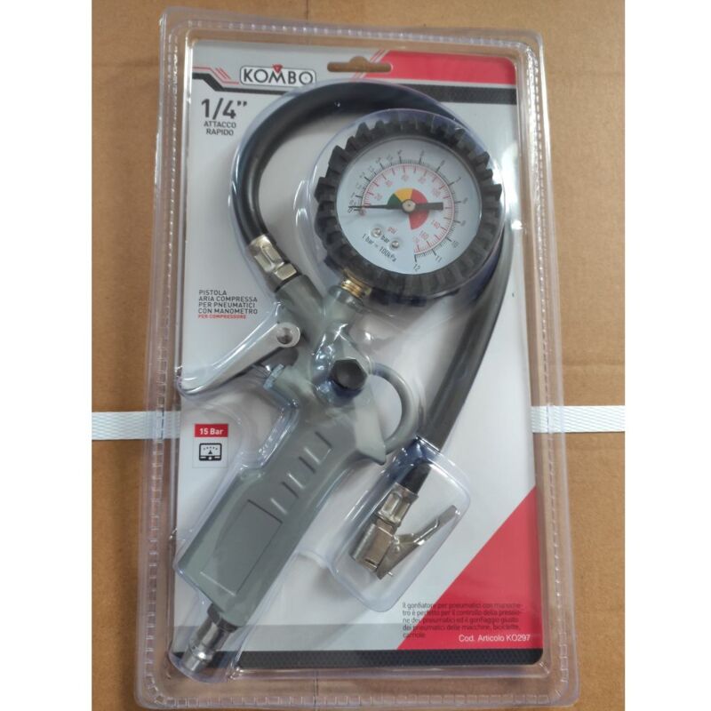 foto del prodotto kombo pistola per pneumatici con manometro analogico doppia scala max 15 bar,
