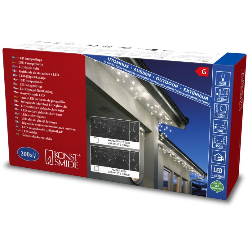 foto del prodotto konstsmide 2738 802 led catena luminosa per grondaia per esterno ip44 200 bernsteinfarbene diodi 24 v trasformatore da esterno cavo bianco