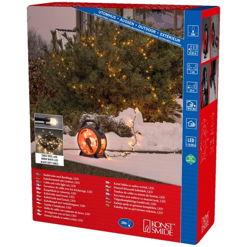 foto del prodotto konstsmide 3832 107 catena luminosa con micro led con avvolgicavo, 200 diodi bianchi caldi, trasformatore esterno 30 v, 3,6 w, cavo morbido nero
